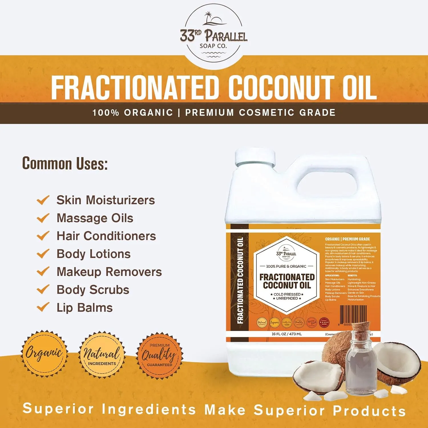 Organic Fractionated Coconut Oil (16 oz) Premium Grade Non-GMO; Cold Pressed | 100% Pure Fractionated Coconut Oil for Skin, Face, Hair, Soap Making | Ideal Carrier for Essential Oils | 16 FL OZ