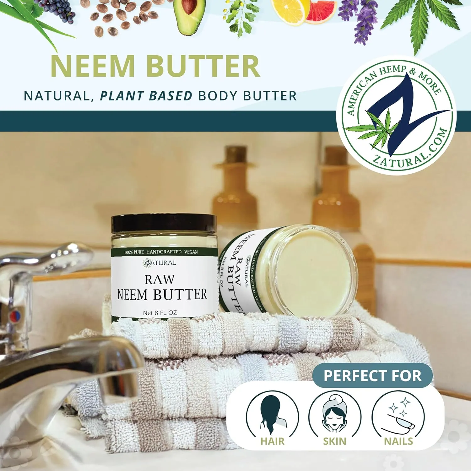 Organic Neem Butter-Coconut Oil, Neem Oil, Neem Leaf, Marula Oil, Kokum Butter, Rosemary, For Sensitive Skin, Itchy Skin, 8 oz.
