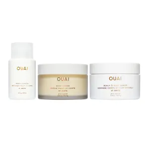 OUAI St. Barts Travel Bundle - Includes Scalp & Body Scrub, Foaming Body Cleanser, and Hydrating Body Cream - Travel Size Hair & Body Care (3 Count, 3.4 Oz/3.4 Oz/3 Oz)