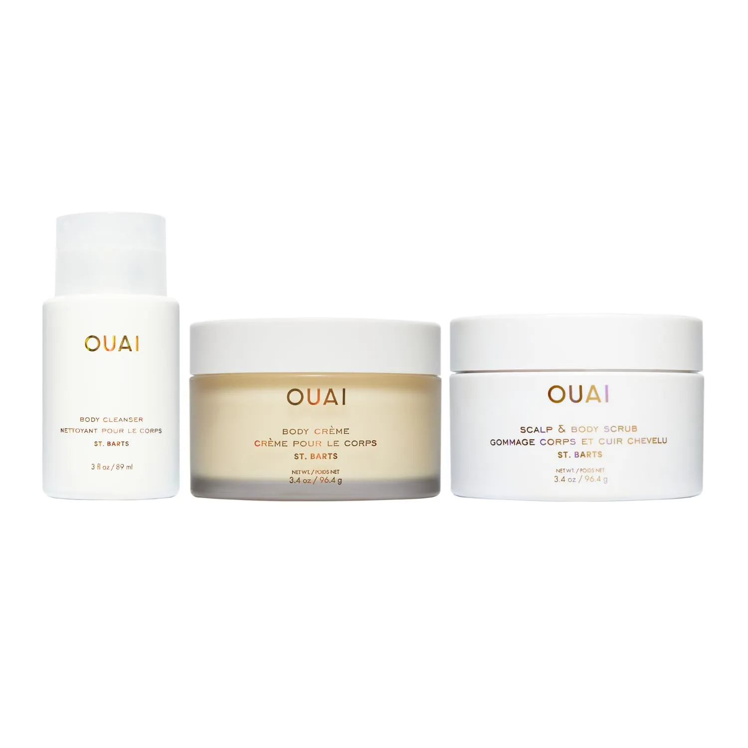 OUAI St. Barts Travel Bundle - Includes Scalp & Body Scrub, Foaming Body Cleanser, and Hydrating Body Cream - Travel Size Hair & Body Care (3 Count, 3.4 Oz/3.4 Oz/3 Oz)