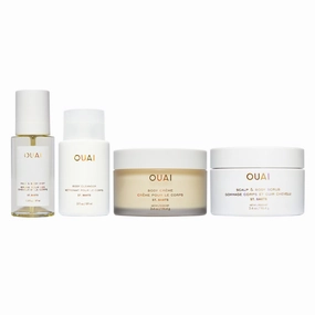 OUAI St. Barts Travel Bundle - Includes Travel Size Scalp & Body Scrub, Foaming Shower Gel, Hydrating Cream, and Hair & Body Mist (4 Count, 3.4 Oz/3.4 Oz/3 Oz/3.3 Oz)