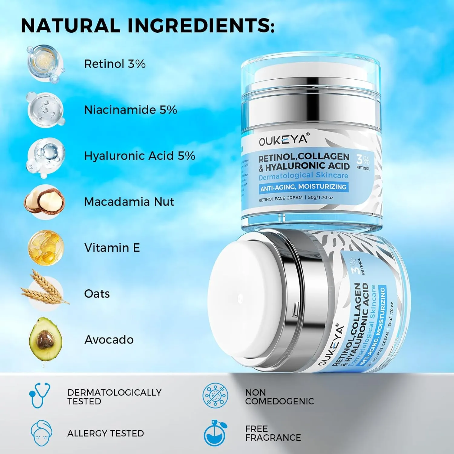 OUKEYA Retinol Cream for Face,Wrinkle for Women, Anti-Aging Moisturizer, Neck Firming & Décolleté, Moisturizer Face Cream, Day Night with 5% Hyaluronic Acid