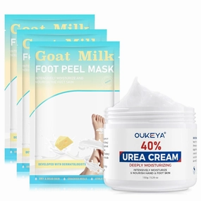 OUKEYA Urea Cream 40% for Feet Maximum Strength Hand Heels Dry Cracked Treatment Lotion for Knees & Elbows with Foot Peeling Mask 3 Pairs