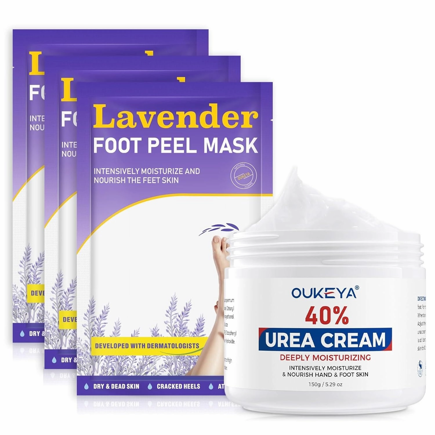 OUKEYA Urea Cream 40% for Feet Maximum Strength with Foot Peeling Mask 3 Pairs