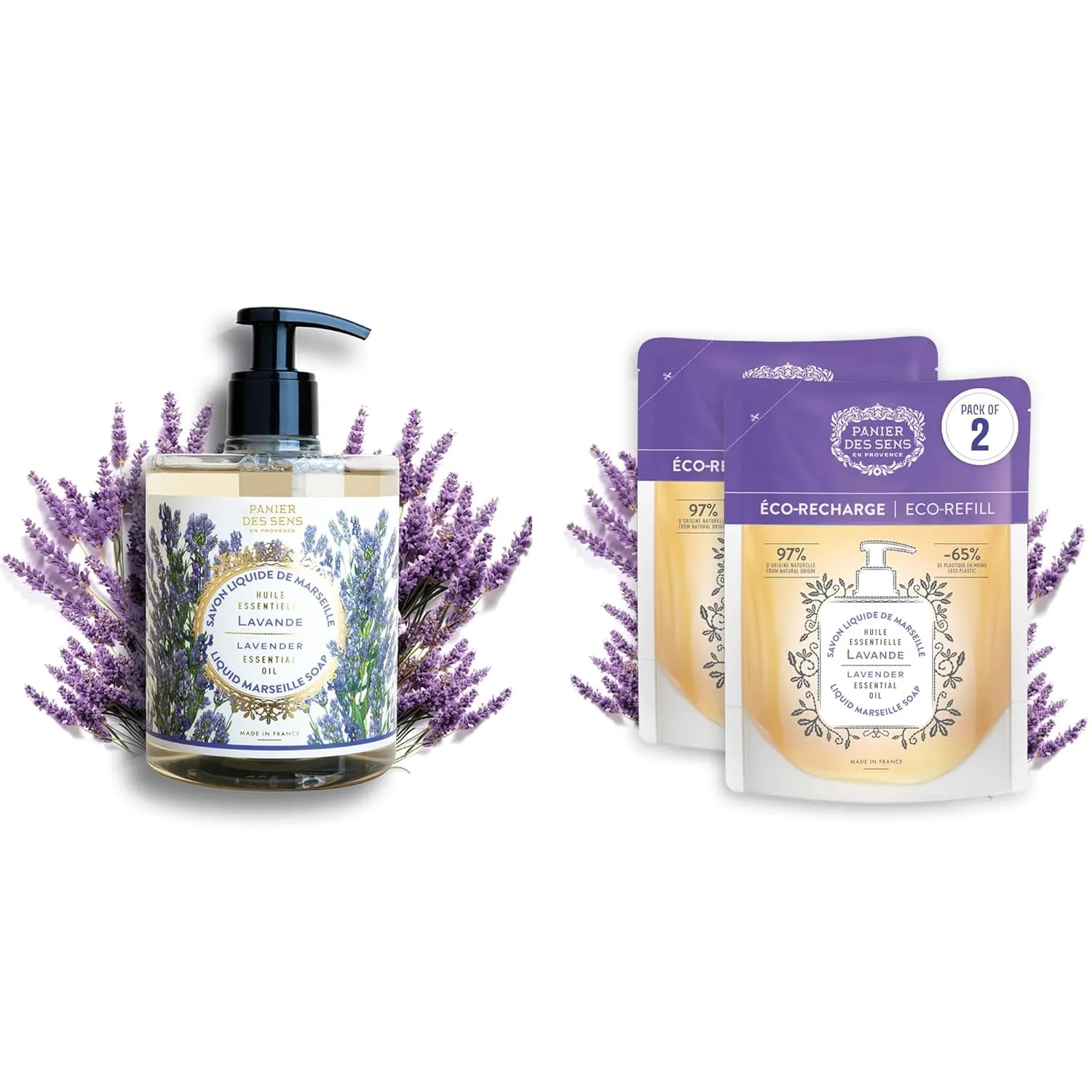 Panier des Sens - Lavender Marseille Liquid Hand Soap   2 Hand Soap Refills - Moisturizing Soap with Coconut Oil - Bathroom & Kitchen Foaming Soap - 97% Natural Ingredients Hand Wash - 50.7 Fl.oz