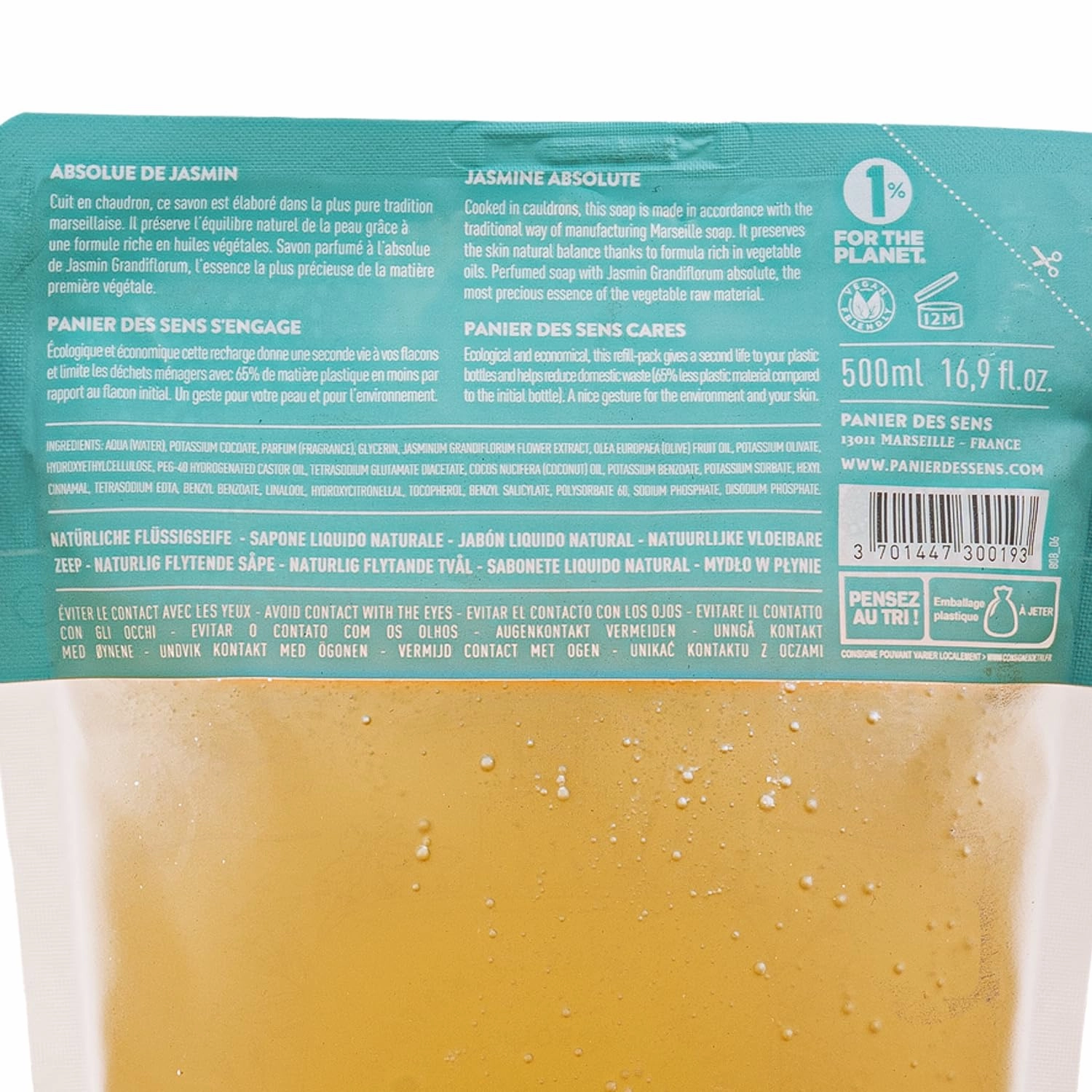 Panier des Sens - Liquid Hand Soap Refills - Jasmine Foaming Hand Soap Refill - French Moisturizing Hand Wash with Coconut Oil - Kitchen & Bathroom Soap - 97% Natural - 34 Fl.oz