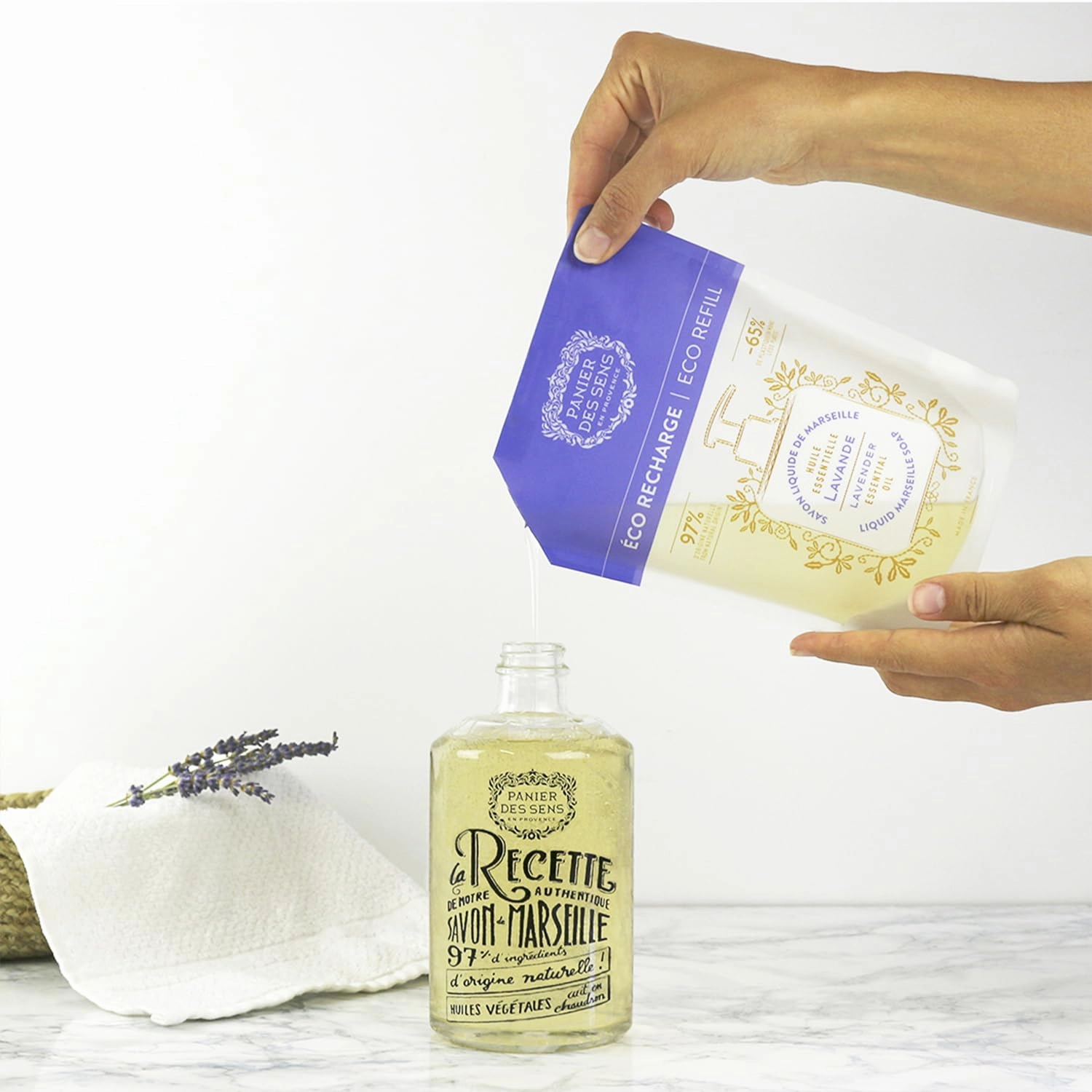 Panier des Sens - Liquid Hand Soap Refills - Lavender Foaming Hand Soap Refill - French Moisturizing Hand Wash with Coconut Oil - Kitchen & Bathroom Hand Soap - Soft Soap Refill 97% Natural - 34 Fl.oz