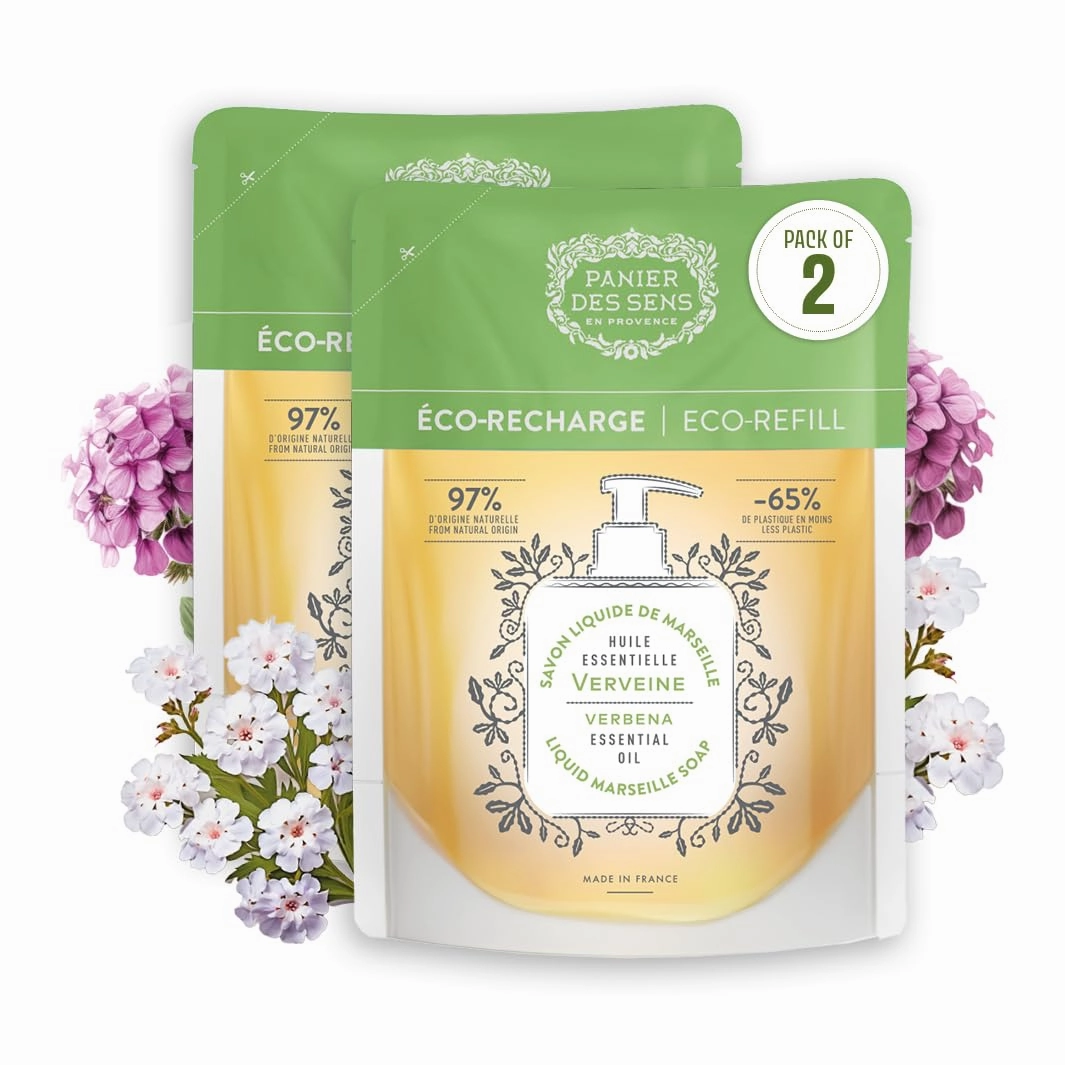 Panier des Sens - Liquid Hand Soap Refills - Verbena Foaming Hand Soap Refill - French Moisturizing Hand Wash with Coconut Oil - Kitchen & Bathroom Hand Soap - Soft Soap Refill 97% Natural - 34 Fl.oz