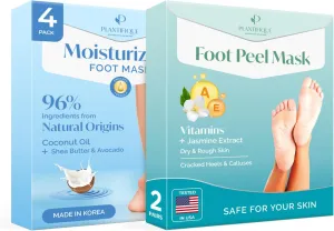PLANTIFIQUE Hydrating Foot Mask for Dry & Cracked Feet - NOT Peeling - 4 Pack and Foot Peel Mask with Vitamins 2 Pack