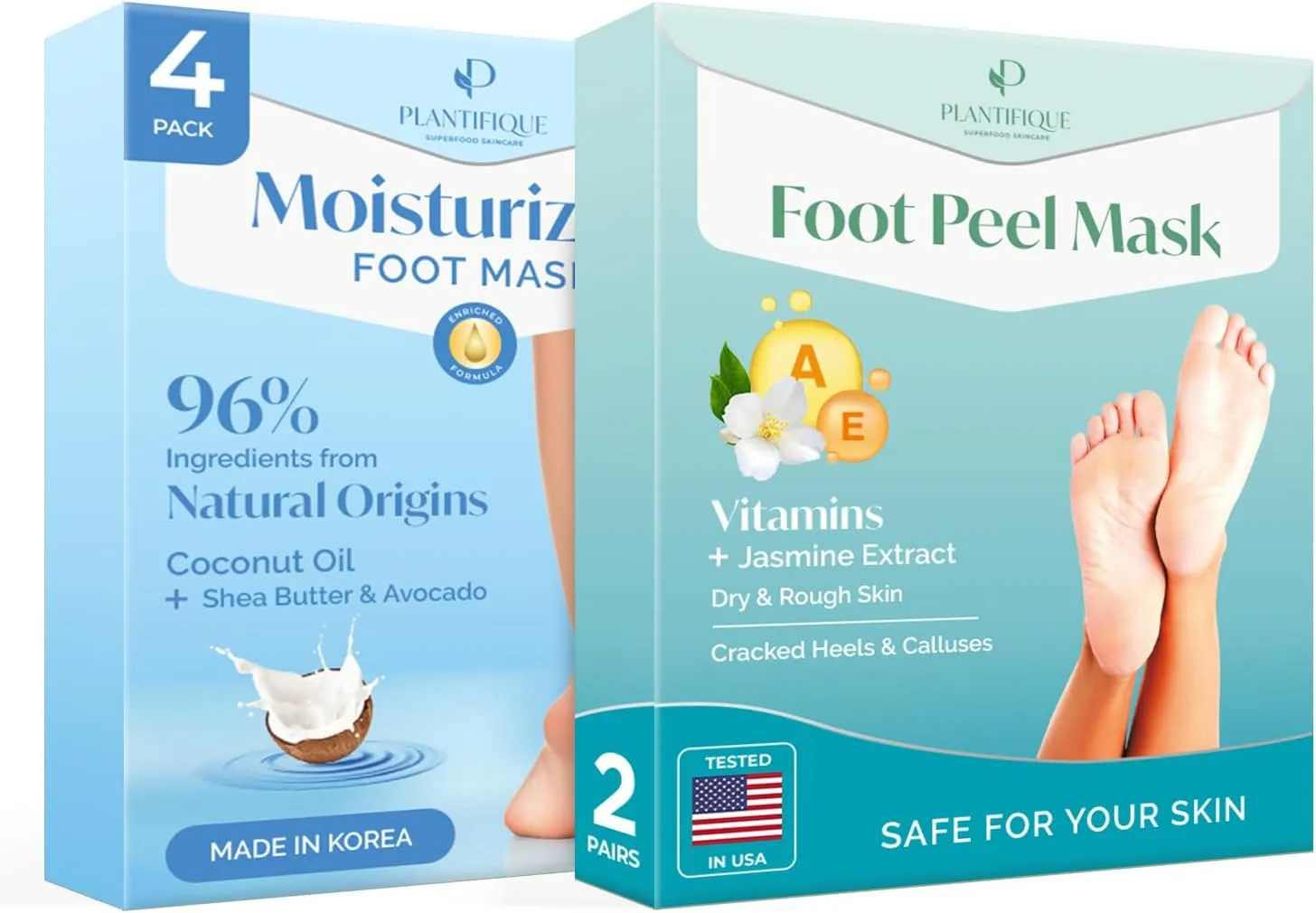 PLANTIFIQUE Hydrating Foot Mask for Dry & Cracked Feet - NOT Peeling - 4 Pack and Foot Peel Mask with Vitamins 2 Pack