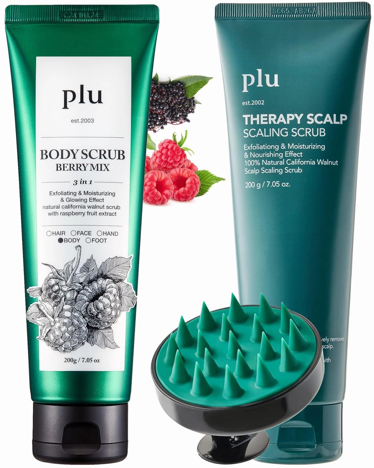 PLU Therapy Scalp Scaling Scrub with Silicone Scalp Massager Brush & Original Walnut Body Scrub Polish - Berry Mix Bundle