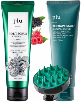 PLU Therapy Scalp Scaling Scrub with Silicone Scalp Massager Brush & Original Walnut Body Scrub Polish - Berry Mix Bundle