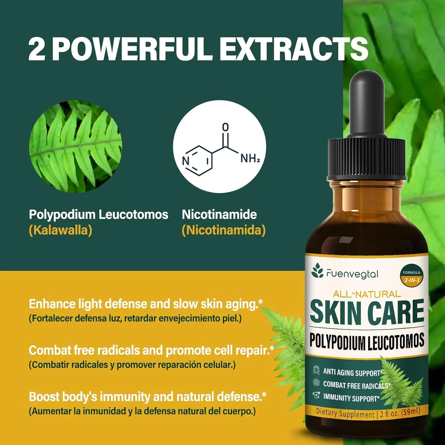 Polypodium Leucotomos Skin Care Drops, Natural Nicotinamide & Kalawalla Root Extract Liquid Supplement Supports Anti-Aging, Combats Free Radicals, and Promotes Skin Health & Immunity. 2oz