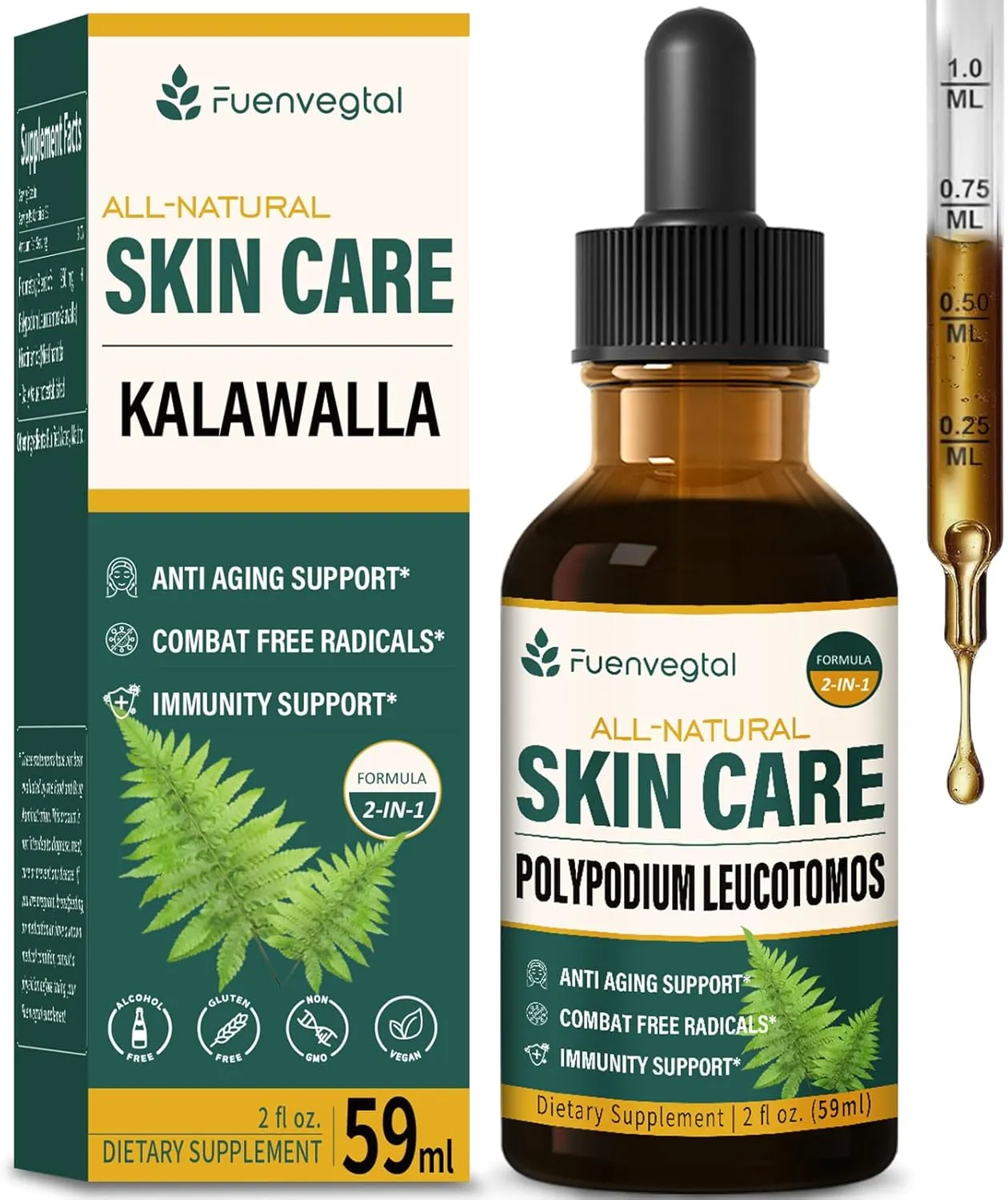 Polypodium Leucotomos Skin Care Drops, Natural Nicotinamide & Kalawalla Root Extract Liquid Supplement Supports Anti-Aging, Combats Free Radicals, and Promotes Skin Health & Immunity. 2oz