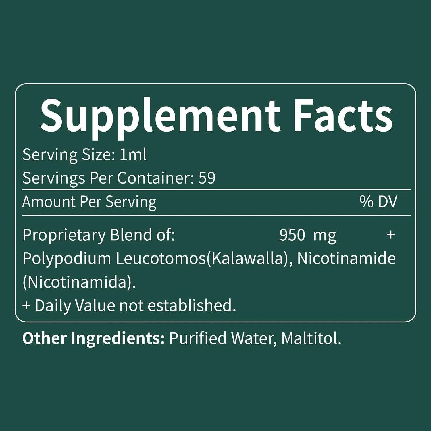 Polypodium Leucotomos Skin Care Drops, Natural Nicotinamide & Kalawalla Root Extract Liquid Supplement Supports Anti-Aging, Combats Free Radicals, and Promotes Skin Health & Immunity. 2oz