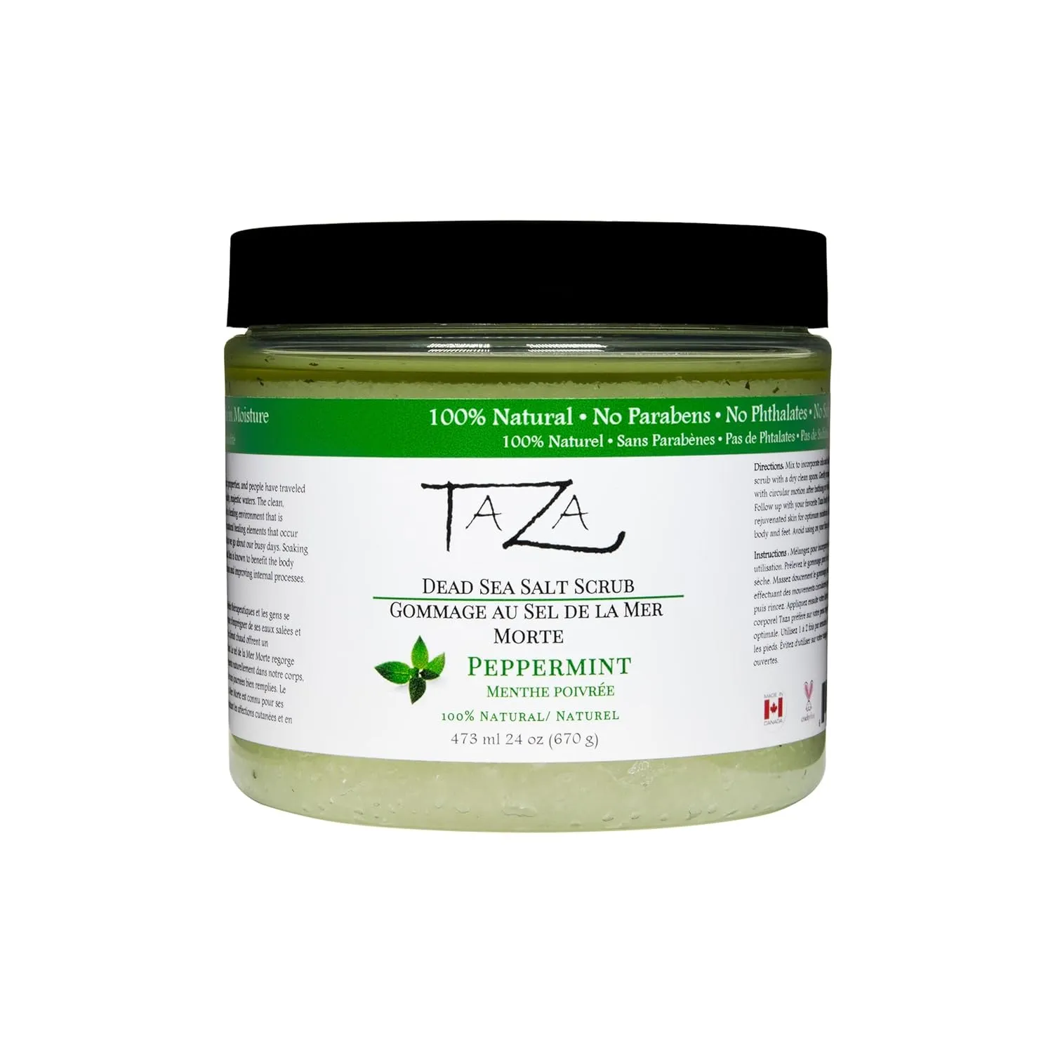 Premium Taza Peppermint Dead Sea Salt Scrub, 473 ml 24 oz (670 g) Exfoliates Your Skin Leaving it Soft and Hydrated Contains: Coconut Oil, Shea Butter, Grapeseed Oil, Sweet Almond Oil, 26 Minerals