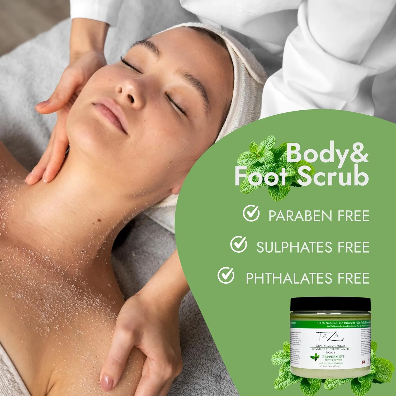 Premium Taza Peppermint Dead Sea Salt Scrub, 473 ml 24 oz (670 g) Exfoliates Your Skin Leaving it Soft and Hydrated Contains: Coconut Oil, Shea Butter, Grapeseed Oil, Sweet Almond Oil, 26 Minerals
