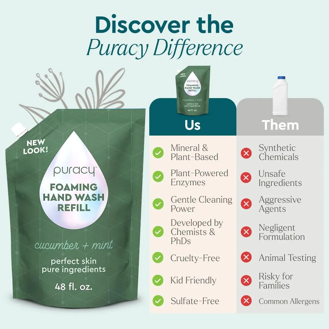 Puracy Foaming Hand Soap Refill - Plant-Powered Natural Hand Soap As Seen on TikTok, Non-Toxic, Sulfate-Free Liquid Soap, Moisturizing Foam Handwash Liquid (Cucumber & Mint, 48 fl oz)