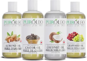 PURÓLEO Carrier Oil Gift Set- 4 Pcs - Coconut Oil- Almond Oil - Castor Oil - Grapeseed Oil - 100% Natural Moisturizing Massage 4 Pc (16 Fl Oz)