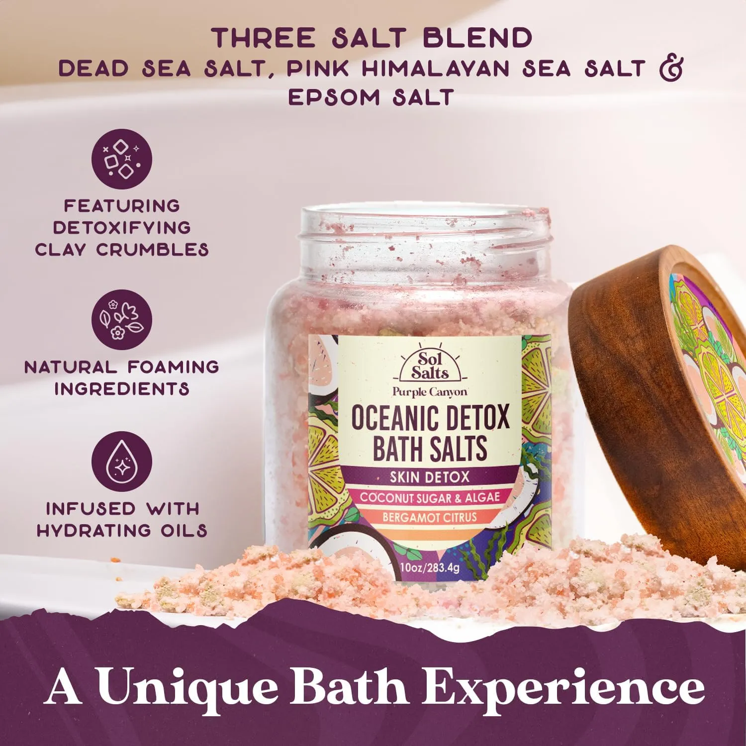 PURPLE CANYON SolSalts Oceanic Detox Bath Salts 10oz | Bergamot Citrus Scented Soak with Hydrating Minerals | Skin Hydrating Mineral Bath