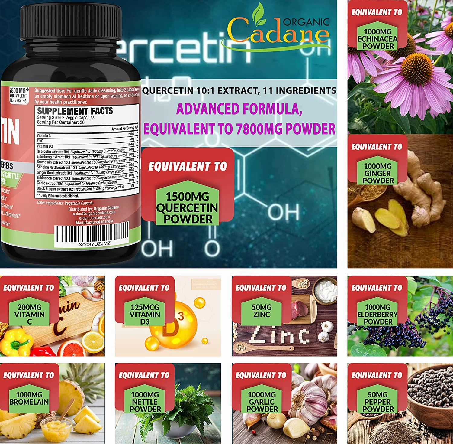 Quercetin Extract Capsules 7800mg and VitaminC, D3, Zin.C, Elderberry, Bromelain, Ginger, Echinacea, Garlic, Pepper | Supports Cardiovascular, Immune | Promotes Respiratory, Anti Inflammatory