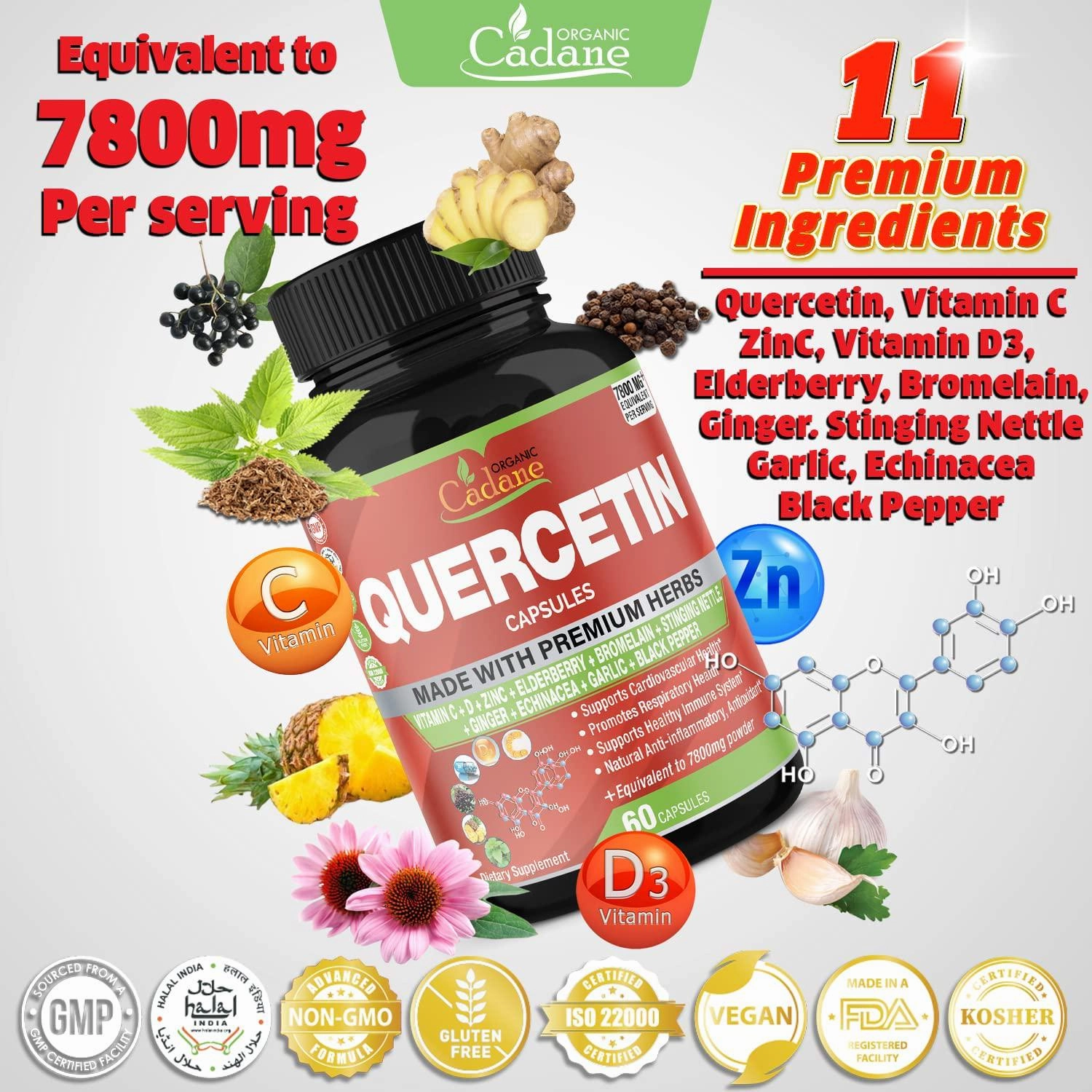Quercetin Extract Capsules 7800mg and VitaminC, D3, Zin.C, Elderberry, Bromelain, Ginger, Echinacea, Garlic, Pepper | Supports Cardiovascular, Immune | Promotes Respiratory, Anti Inflammatory