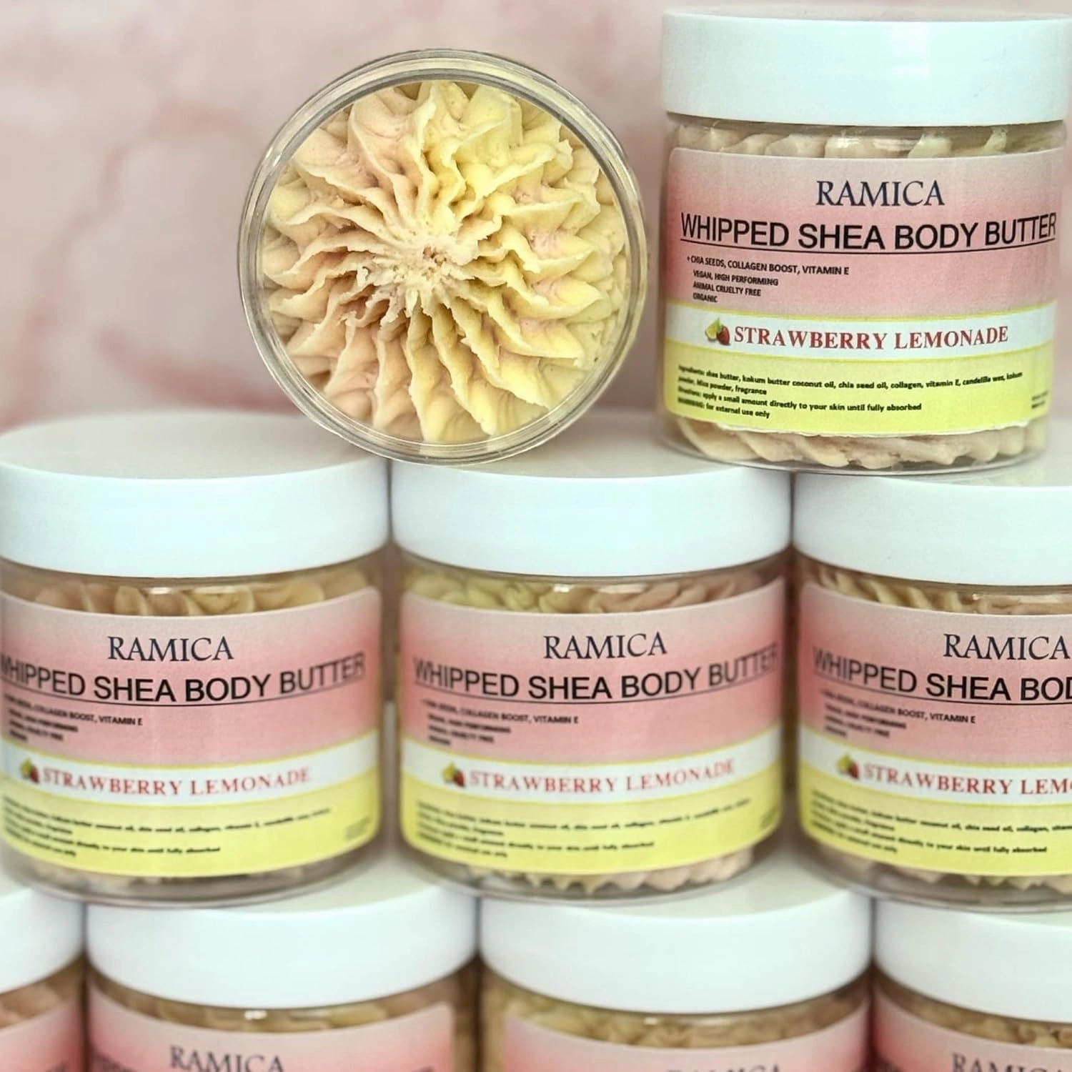 Ramica Whipped Shea Body Butter creme| deep moisurizer for dry skin -Vegan,Collagen| organic coconut oil,after shave lotion for women (4 oz, Strawberry Lemonade)