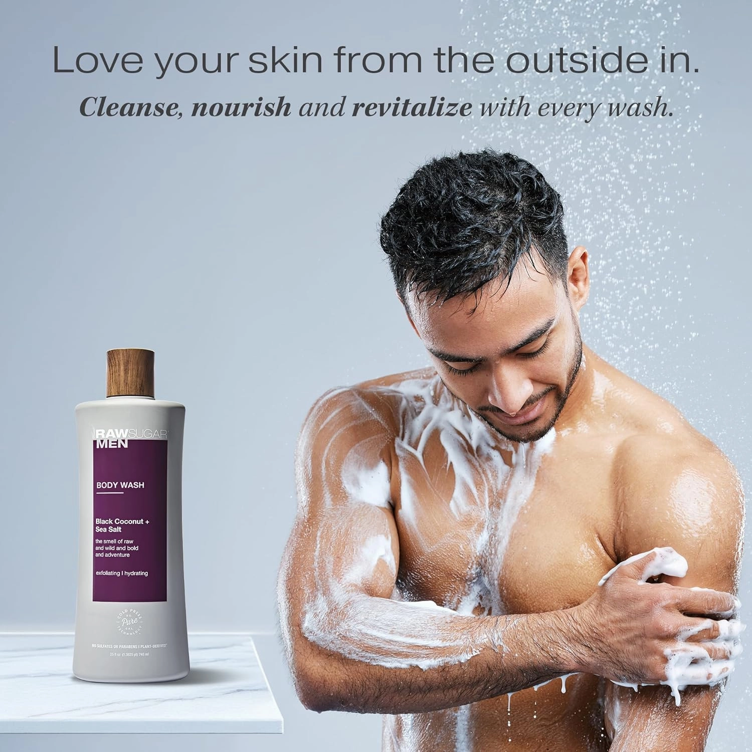 RAW SUGAR 3-Pack Body Wash Men - Black Coconut   Sea Salt Exfoliating and Hydrating Body Wash, Formulated without Parabens, Cruelty Free and Vegan
