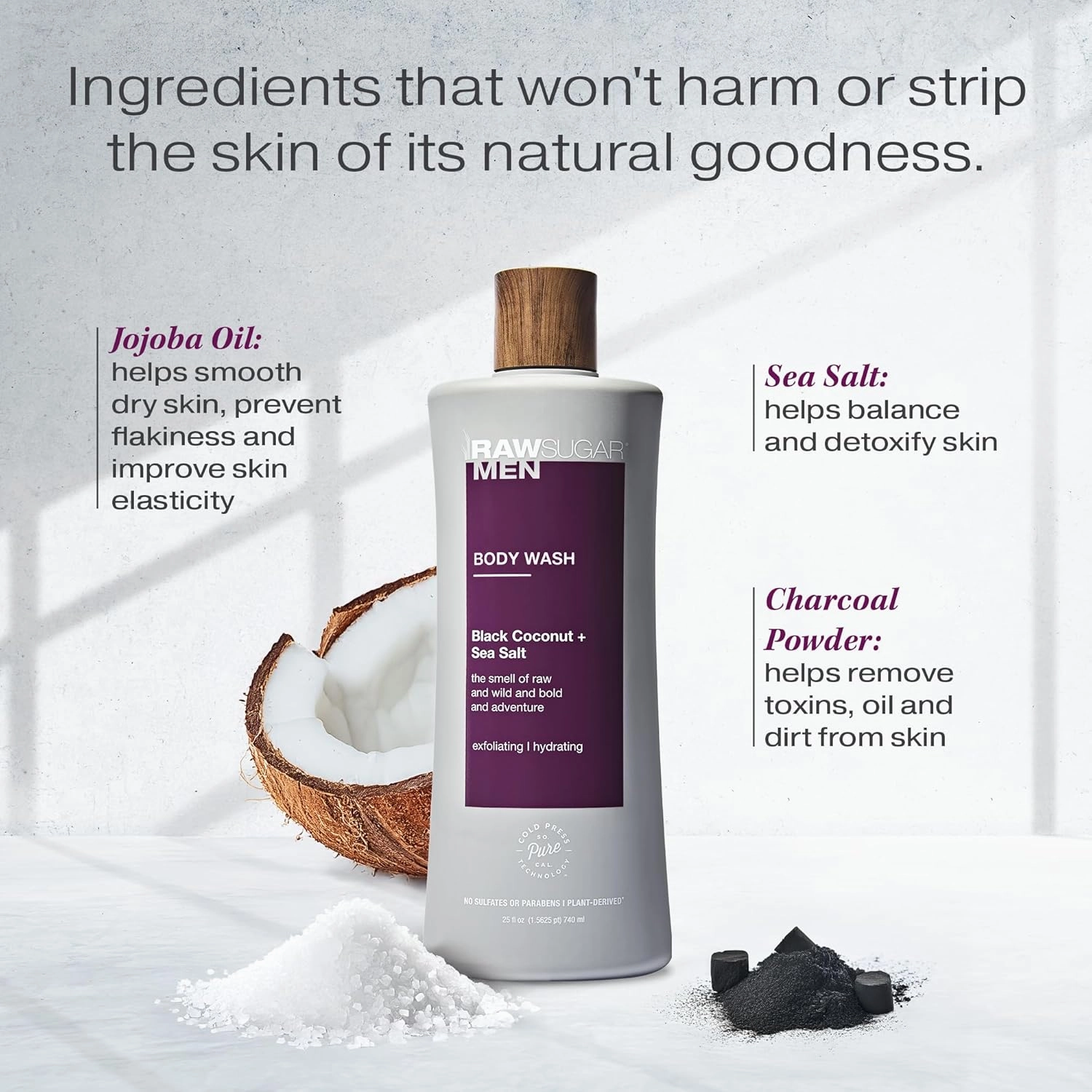 RAW SUGAR 3-Pack Body Wash Men - Black Coconut   Sea Salt Exfoliating and Hydrating Body Wash, Formulated without Parabens, Cruelty Free and Vegan