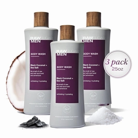 RAW SUGAR 3-Pack Body Wash Men - Black Coconut   Sea Salt Exfoliating and Hydrating Body Wash, Formulated without Parabens, Cruelty Free and Vegan
