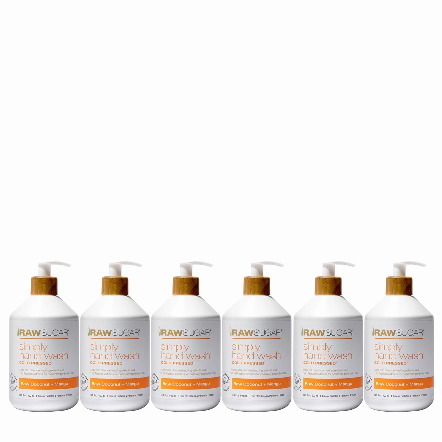 RAW SUGAR 6-Pack Liquid Hand Soap, Raw Coconut   Mango Simply Hand Wash, Moisturizing & Vibrant Aroma, Formulated without Parabens, Cruelty Free & Vegan - 16.9 Fl. Oz