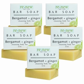renew bath   body Natural Bar Soap, Bergamot & Ginger, Handmade in the USA by Cold Process with a Moisturizing Oil Blend Infused with Shea Butter - 5 Pack, 4.5 ounce bars