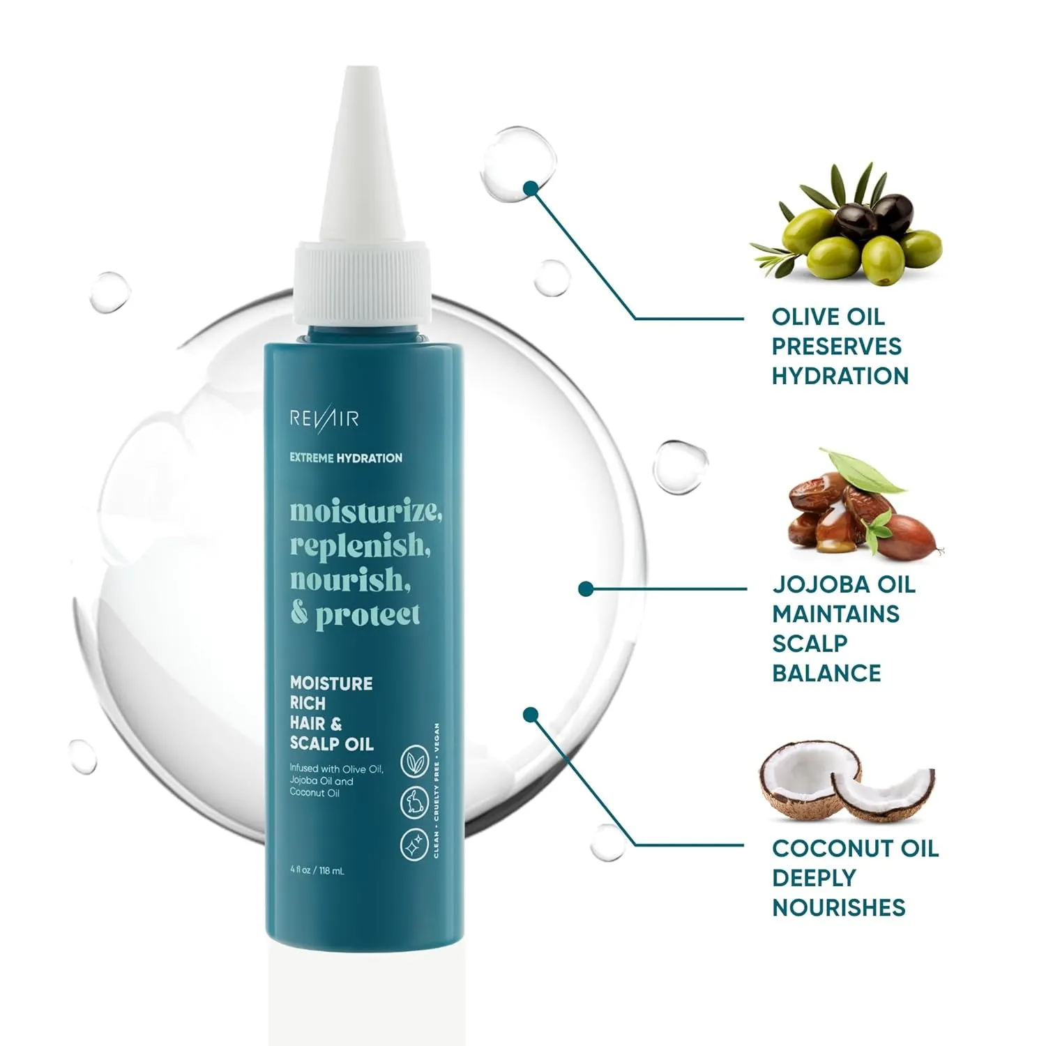 REVAIR Moisture Rich Hair & Scalp Oil - Lightweight Hair Oil for Frizzy Hair - Daily Moisturizing Hair Oil to Hydrate Dry, Damaged or Curly/Coily Hair (4 Fl Oz)