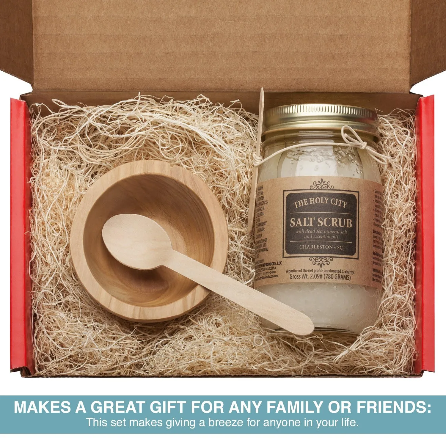 Revitalizing and Moisturizing Dead Sea Salt Scrub Gift Box Set with Wooden Bowl, Chemical-free Coconut Hand and Body Scrub Exfoliator 16 fl oz