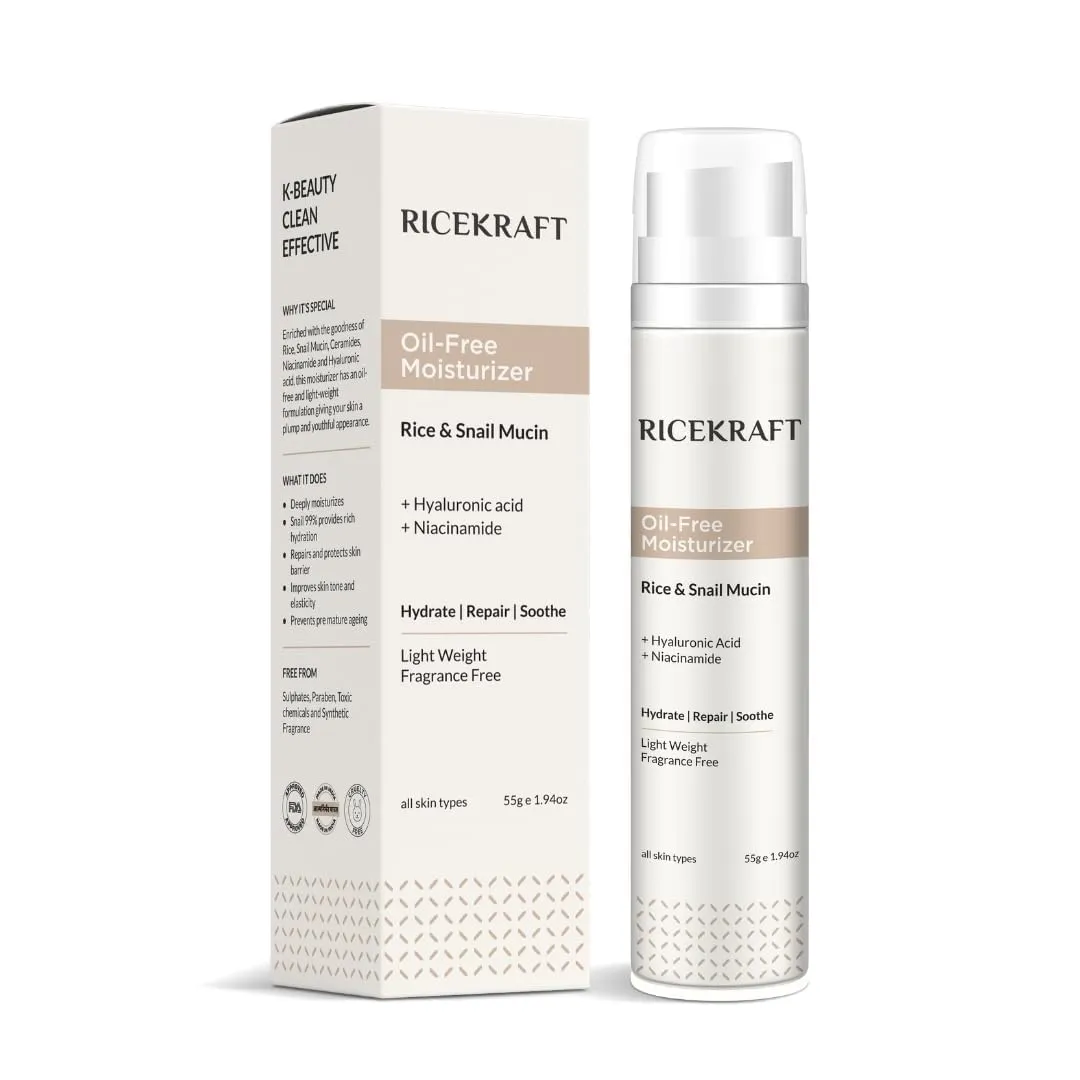 Rice k-raft Oil free moisturizer with Rice, Snail Mucin 99, Hyaluronic acid & Niacinamide | Light weight Korean face moisturizer | Fragrance Free | For Oily, Dry, Combination skin | For Men & Women.