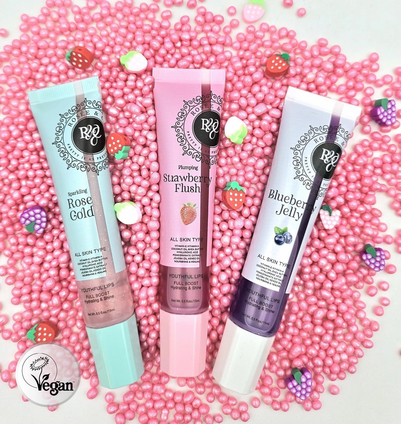 ROSÉE & CO Rosee Lip Gloss Vegan & Cruelty Free Treatment, Professional Make up, Long Lasting Glossy with Shea Butter, Moisturize, Protect & Smooth, High Shine, Non-Sticky - Set of 4-1