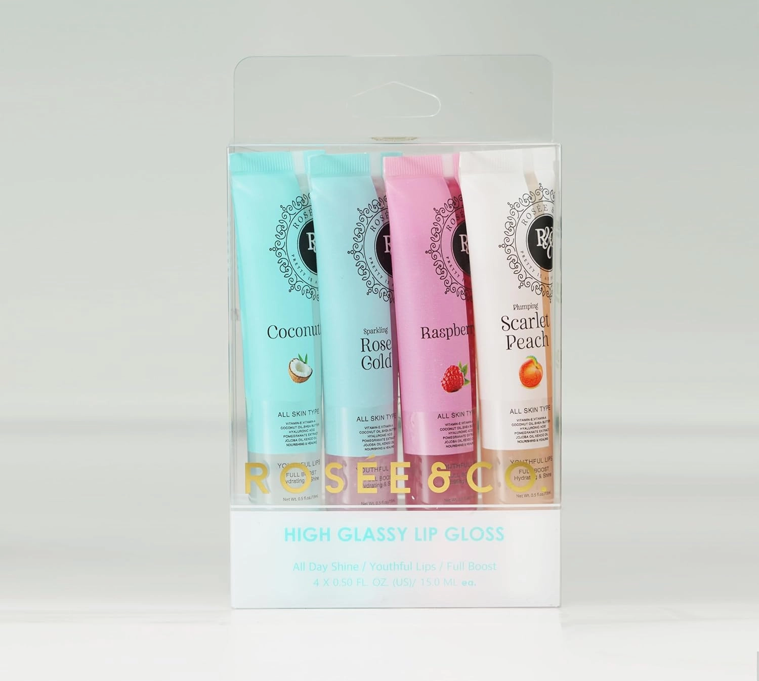ROSÉE & CO Rosee Lip Gloss Vegan & Cruelty Free Treatment, Professional Make up, Long Lasting Glossy with Shea Butter, Moisturize, Protect & Smooth, High Shine, Non-Sticky - Set of 4-1
