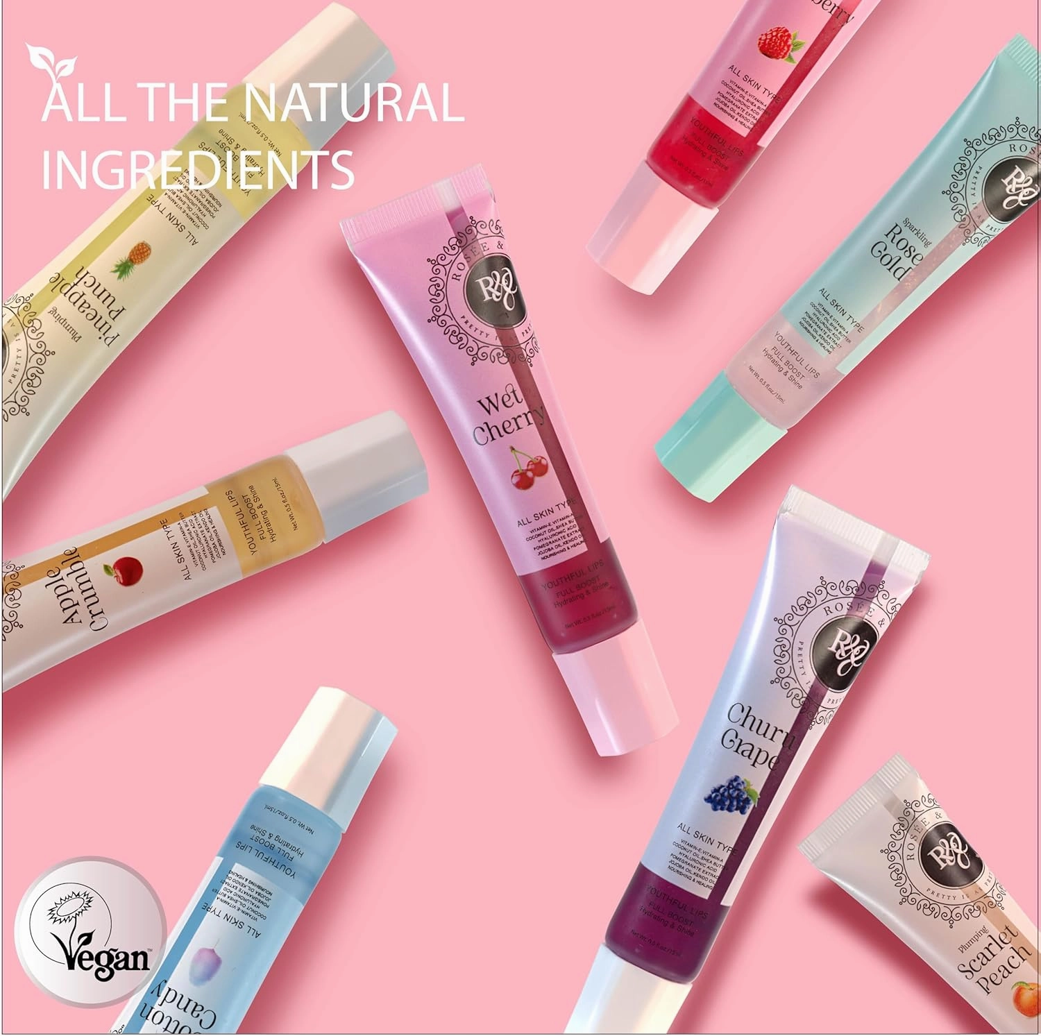 ROSÉE & CO Rosee Lip Gloss Vegan & Cruelty Free Treatment, Professional Make up, Long Lasting Glossy with Shea Butter, Moisturize, Protect & Smooth, High Shine, Non-Sticky - Set of 4-1