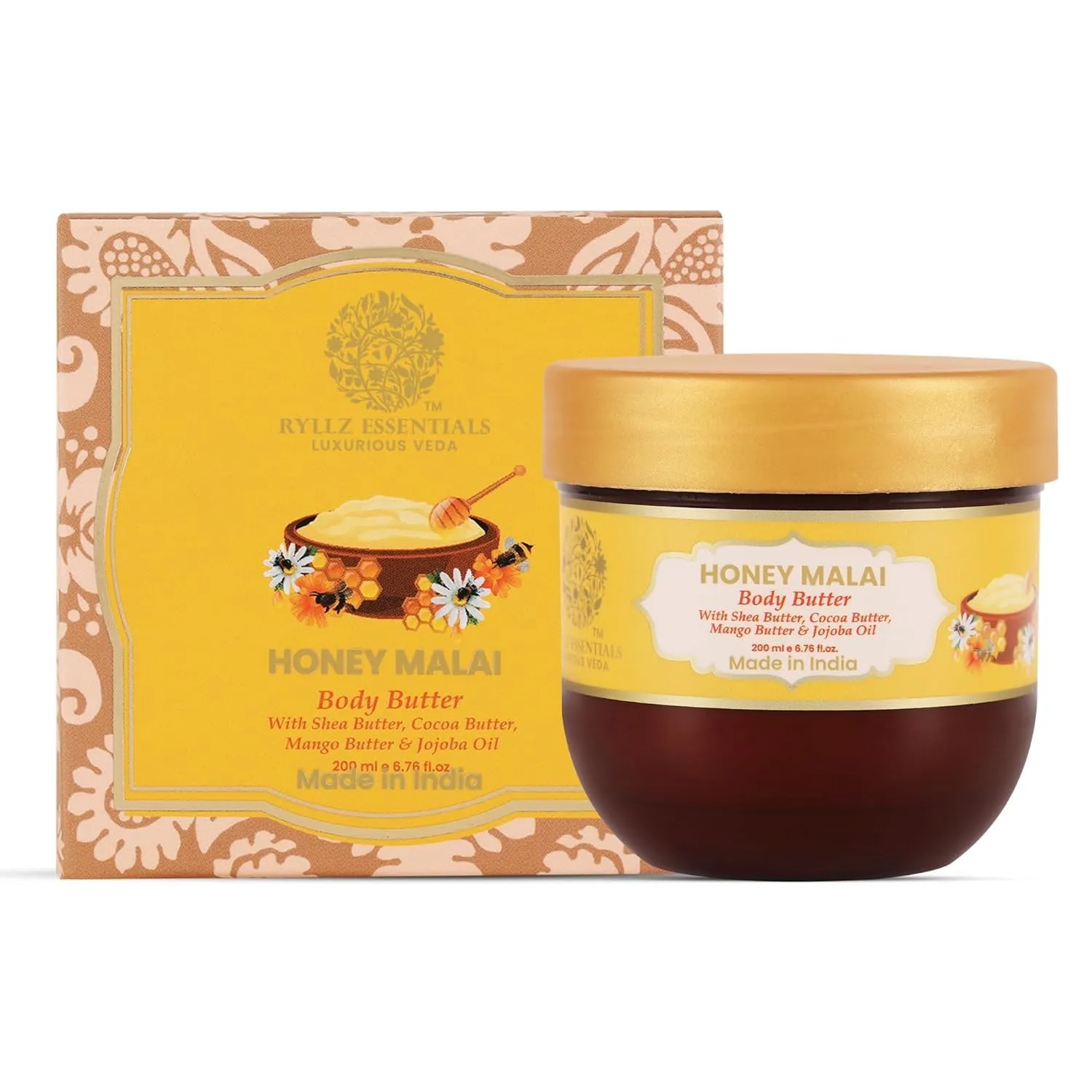 R.Y.L.L.Z. E.S.S.E.N.T.I.A.L.S. HONEY MALAI BODY BUTTER | with Shea Butter, Cocoa Butter, Mango Butter, Niacinamide & Jojoba Oil| for 48Hrs Moisturisation, Stretch Marks, Dry/Itchy Skin | 200 ml