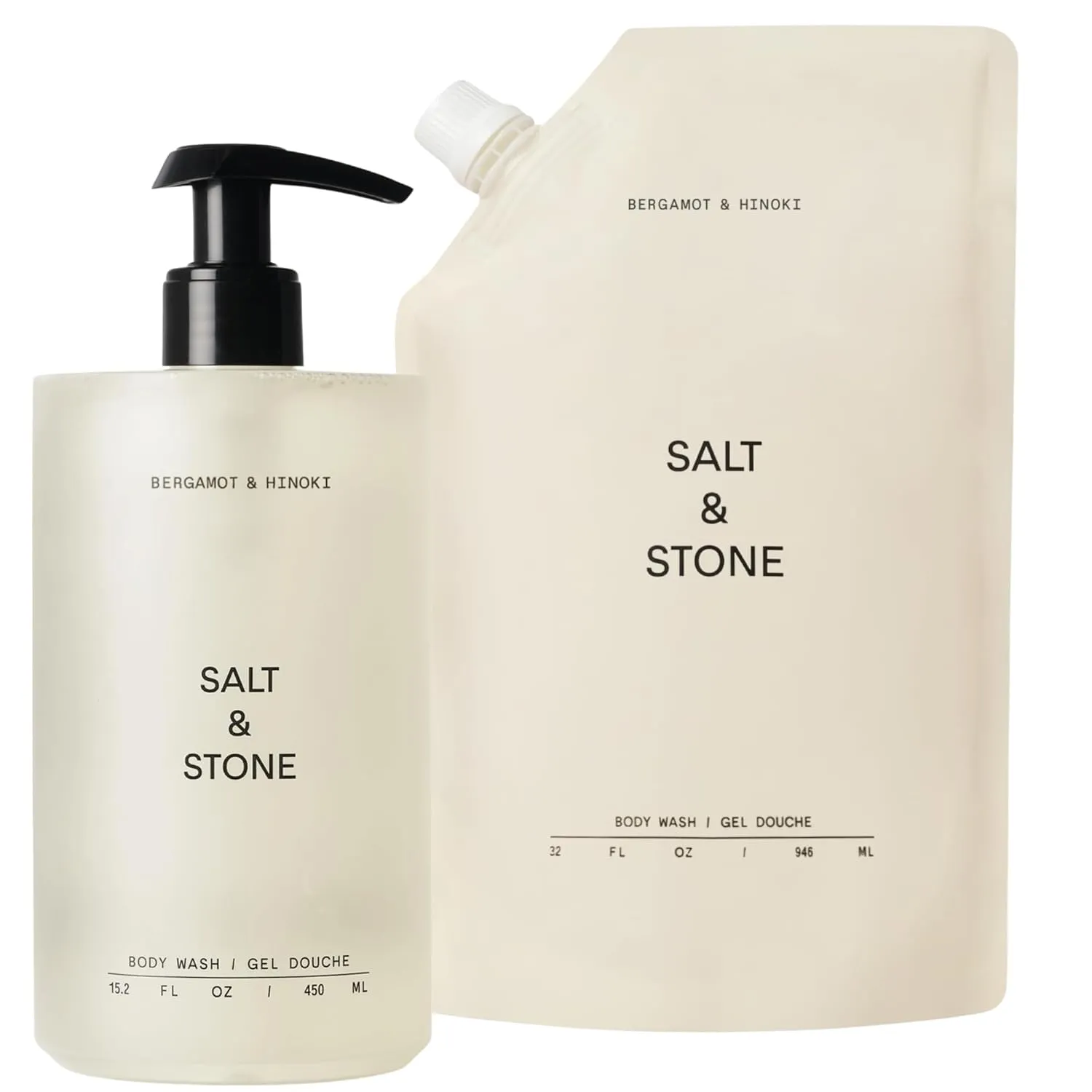 Salt & Stone Antioxidant-Rich Body Wash Bundle (15.2 Oz Bottle with Pump   32 Oz Refill Pouch) | Bergamot & Hinoki | Free From Parabens, Sulfates & Phthalates