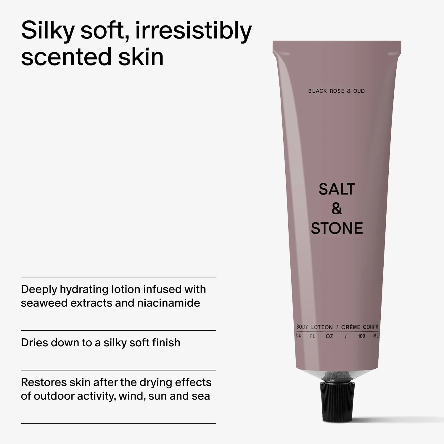 Salt & Stone Body Lotion for Women & Men | Hydrates, Nourishes & Softens Skin | Restores Dry Skin | Fast-Absorbing | Cruelty-Free & Vegan (100 ml) (Black Rose & Oud)