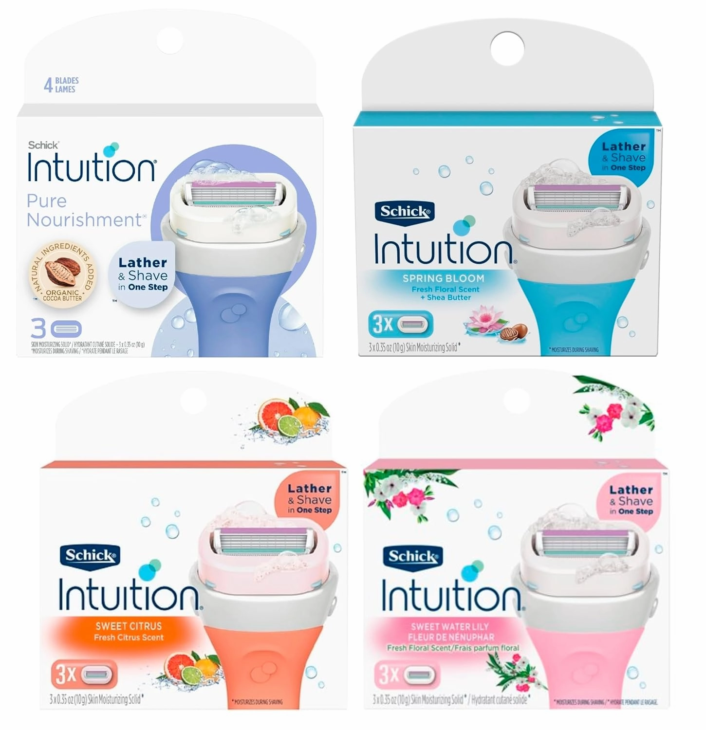 Schick Intuition - Variety Refill Pack - Includes 3 of each scent, Pure Nourishment, Sweet Citrus, Spring Bloom with Shea Butter, Sweet Water Lily, Total of 12 Refill Cartridges Gift Set for Women