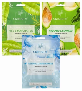 Serum Sheet Mask for Glowing Skin with Hyaluronic Acid | Face Mask Sheets Combo for Instant Brightening | Skin Tightening (3, Rice & Matcha Tea | Avocado & Sea Weed | Retinol & Niacinamide)