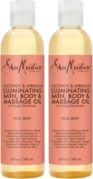 SheaMoisture Bath, Body & Massage Oil, Coconut & Hibiscus, 2-Pack – Illuminating Moisturizer for Dry Skin, 8 Oz Ea