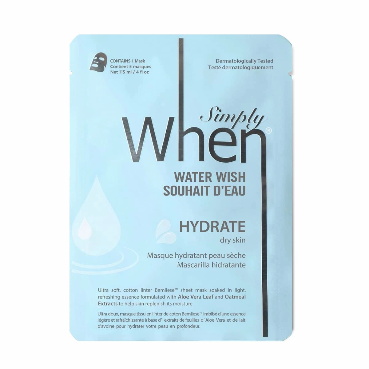 Simply When Hydrating Water Wish Ultra-Soft Cotton Linter Facial Sheet Mask (5 Pack)