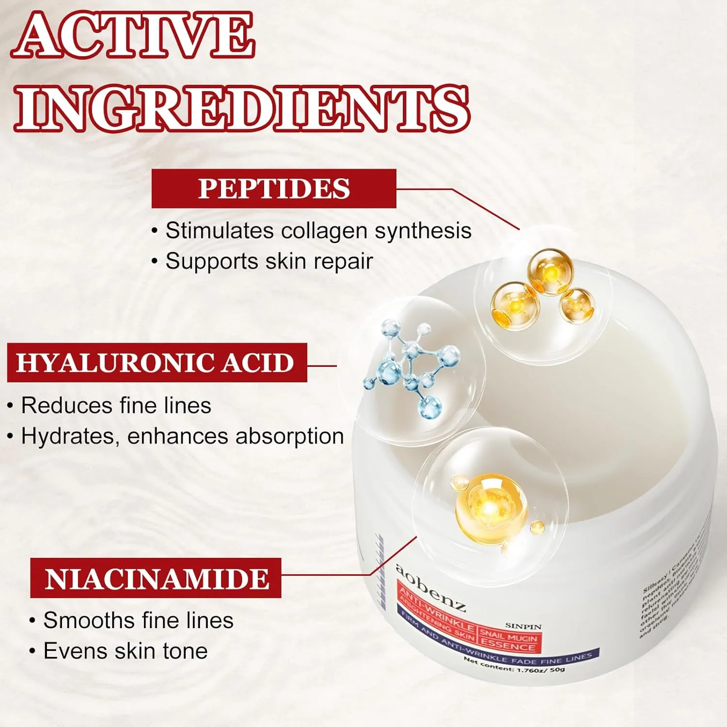 SINPIN aobenz Anti Aging Moisturizer Face Cream for Women & Men - Night Cream for Face & Neck | All Skin Types | Niacinamide   Hyaluronic Acid | Firming, Tightening, Anti Wrinkle, 1.76FL (1PCS)