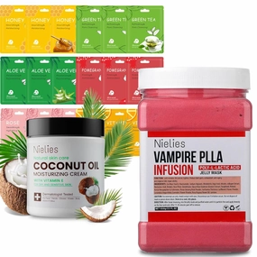 Skincare Set – Vampire Jelly Mask, Coconut Oil Cream & 18pcs Korean Facial Masks – Collagen Face Mask, Crema de Coco para la Piel, Esthetician Supplies, Vajacial Mask Kit