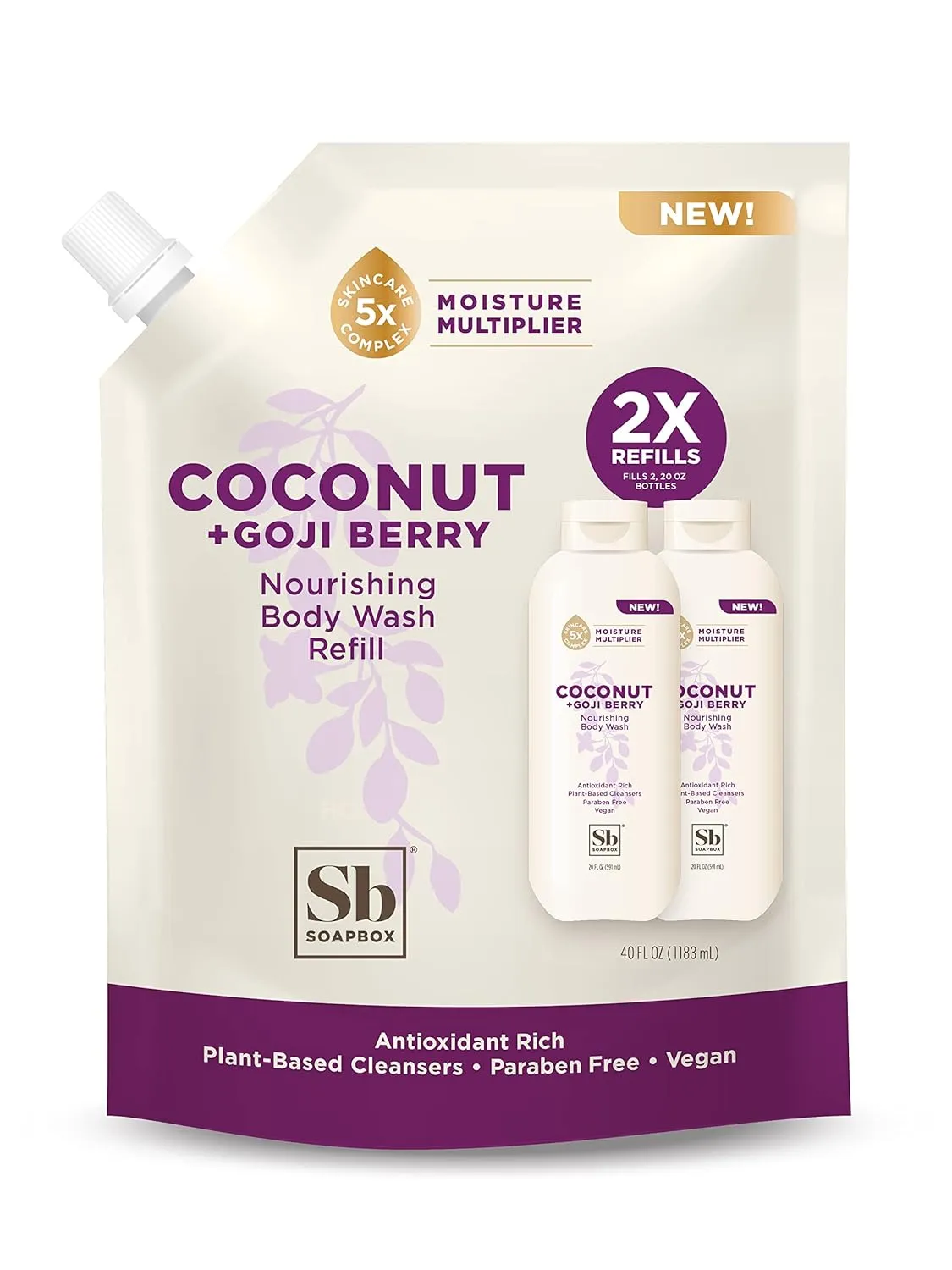 Soapbox Body Wash Refill, Coconut   Goji Berry Body Wash Refill Pack, Bulk Soap Pouch, Vegan   Antioxidant Rich Moisturizing with Shea Butter, Peptides & Keratin Promoting B3, 40oz