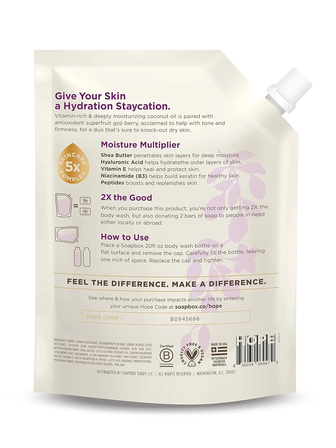 Soapbox Body Wash Refill, Coconut   Goji Berry Body Wash Refill Pack, Bulk Soap Pouch, Vegan   Antioxidant Rich Moisturizing with Shea Butter, Peptides & Keratin Promoting B3, 40oz