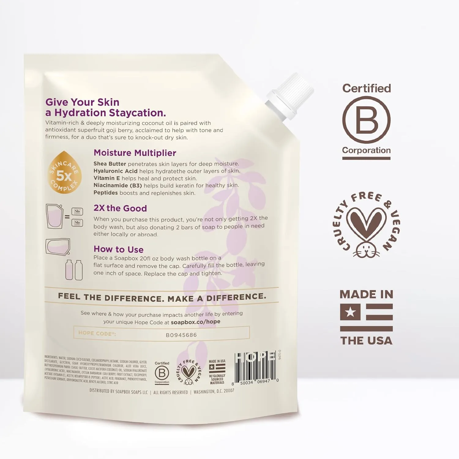 Soapbox Body Wash Refill, Coconut   Goji Berry Body Wash Refill Pack, Bulk Soap Pouch, Vegan   Antioxidant Rich Moisturizing with Shea Butter, Peptides & Keratin Promoting B3, 40oz